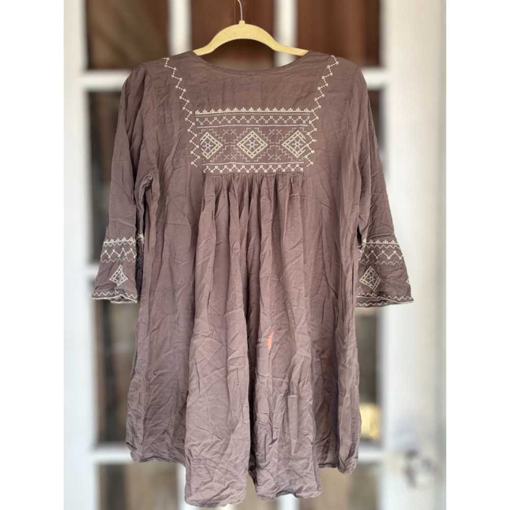 Monoreno Women's Large Brown Southwestern Embroidered Peasant Boho Tunic Top - Picture 2 of 14
